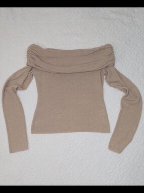 STEPS NEW YORK Womens Beige Off The Shoulder Sweater Medium Foldover Knit Top M